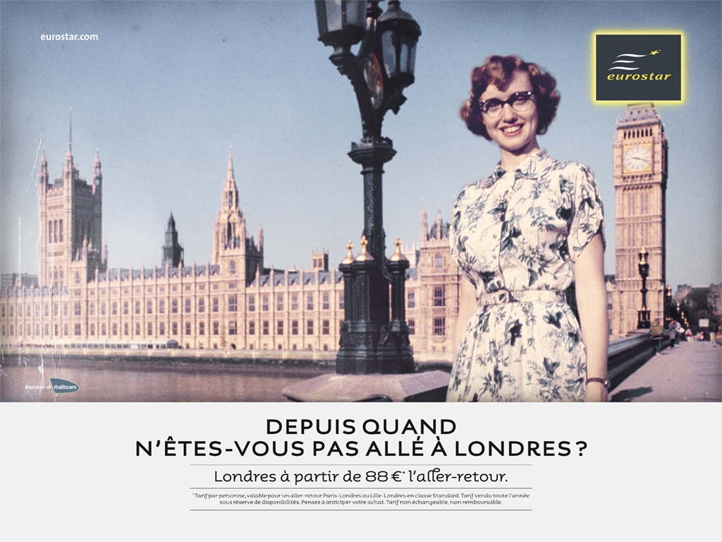 Publicité Eurostar - Depuis quand n'êtes-vous pas allé à Londres ? — Londres à partir de 88 € l'aller-retour Agence Leg - 2010 - Une femme pose devant Big Ben et le Parlement