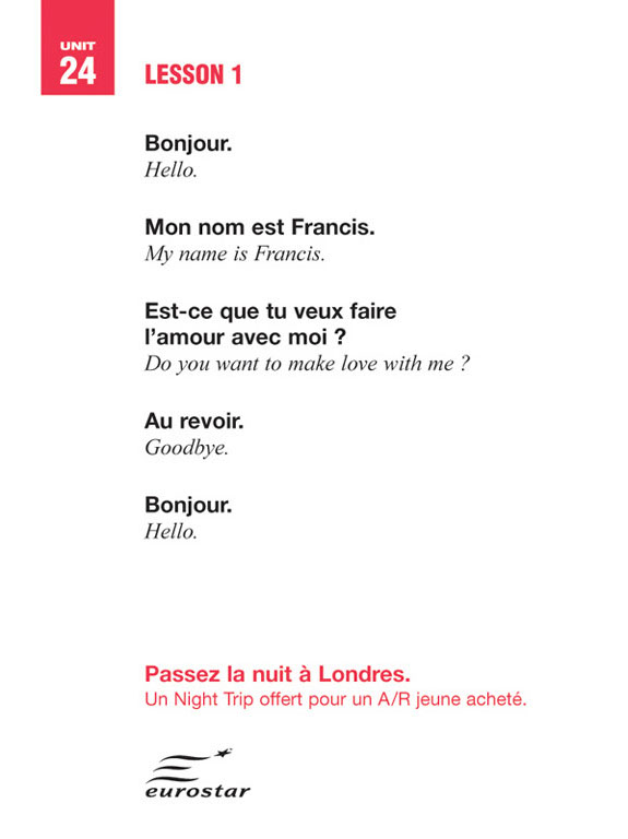 Publicité Eurostar - Passez la nuit à Londres - Lessons - Agence Leg - 2002 - Lesson 1 - Bonjour, mon nom est Francis