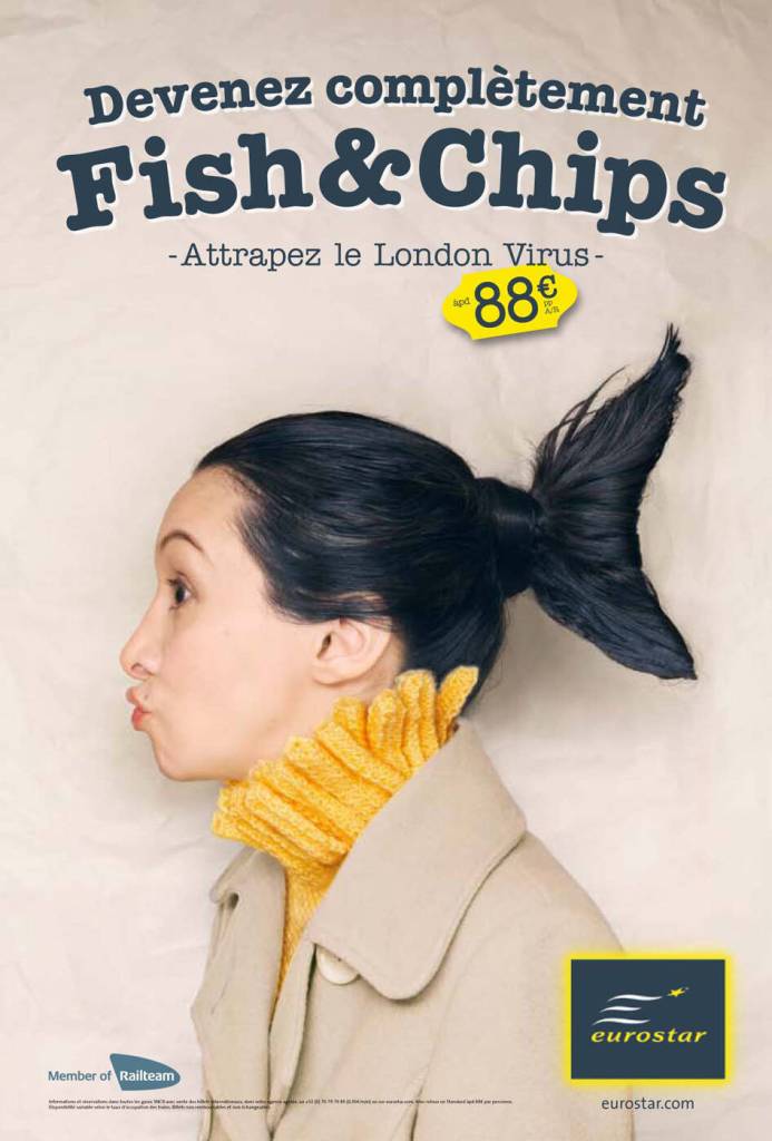 Publicité Eurostar - Attrapez le virus Londre - Agence TBWA Bruxelles - 2010 - Devenez complètement Fish&Chips — Femme avec une queue de cheval en forme de nageoire - Col roulé frites