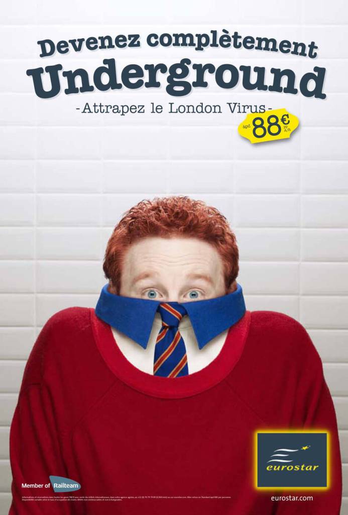 Publicité Eurostar - Attrapez le virus Londre - Agence TBWA Bruxelles - 2010 - Devenez complètement Underground — Jeune homme avec la tête rentrée dans son pull