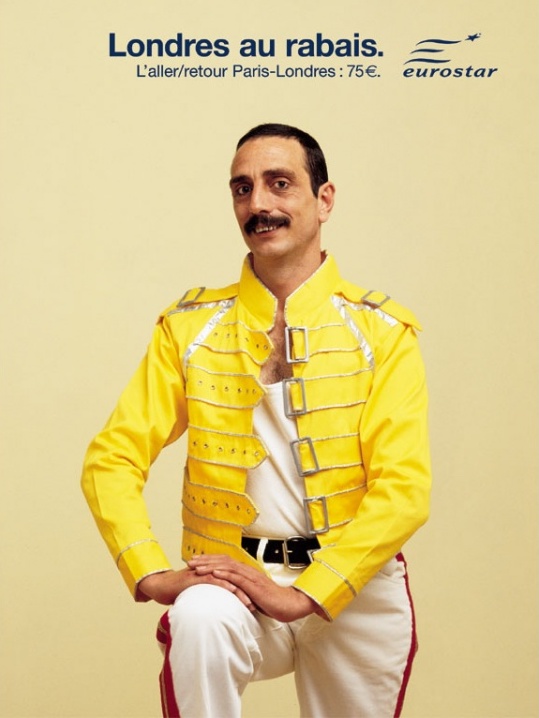 Publicité Eurostar - Londres au rabais — Aller-retour Paris-Londres : 75 € - Agence Leg - 2002 - Sosie Freddie Mercury