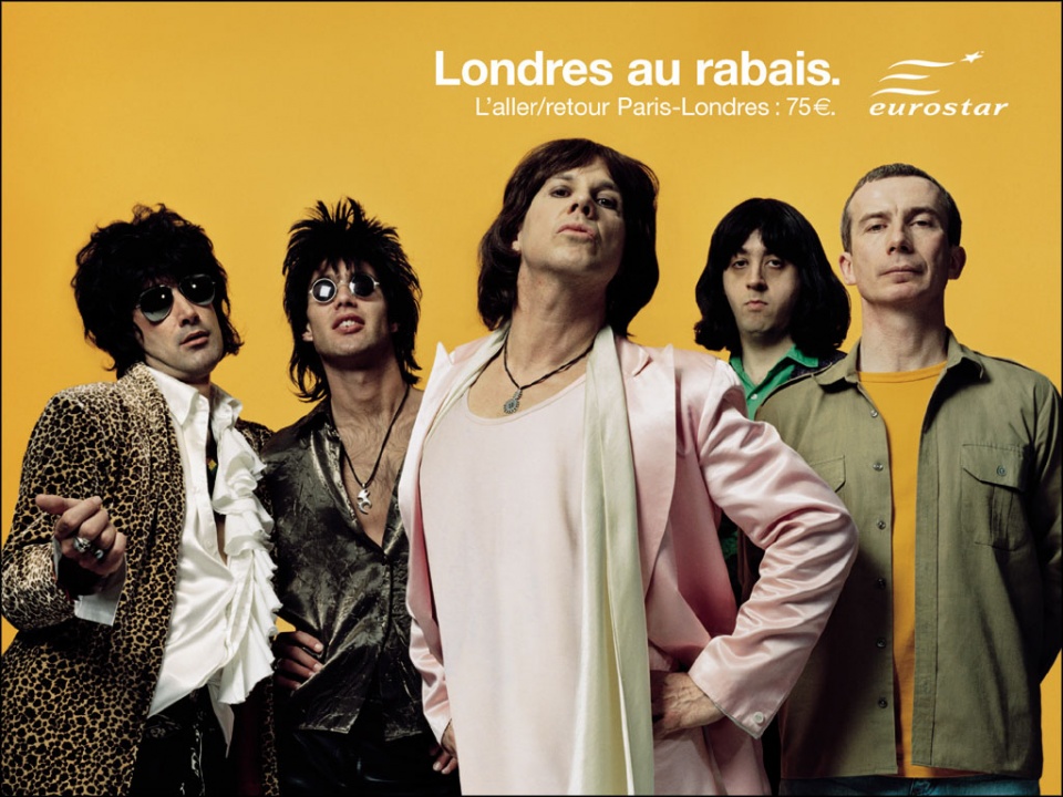 Publicité Eurostar - Londres au rabais — Aller-retour Paris-Londres : 75 € - Agence Leg - 2002 - Sosies The Rolling Stones