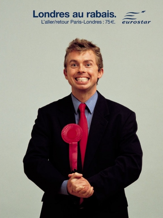 Publicité Eurostar - Londres au rabais — Aller-retour Paris-Londres : 75 € - Agence Leg - 2002 - Sosie Tony Blair