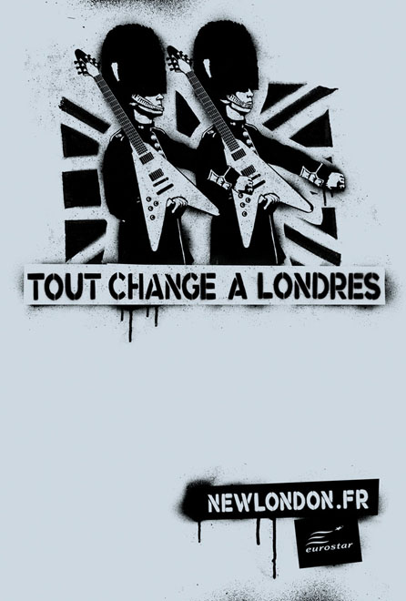 Publicité Eurostar - Tout change à Londres - Graffitis - Agence Leg 2008 - Défilé Welsh guards avec guitares électriques - Noir