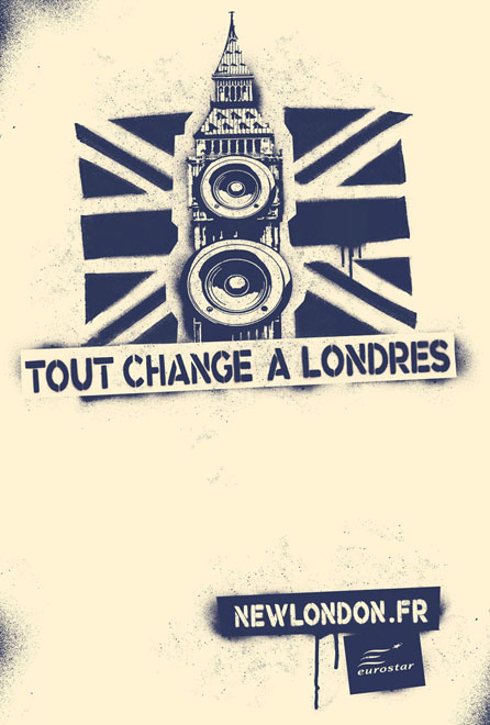 Publicité Eurostar - Tout change à Londres - Graffitis - Agence Leg 2008 - Big ben enceinte - Bleu foncé