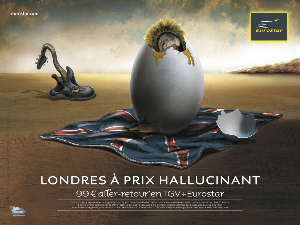 Publicité Eurostar - Londres à prix hallucinant - 99€ aller-retour en TGV + Eurostar - Référence Dali — Agence Leg - 2008 - Punk sortant d'un oeuf, guitare molle dans le fond