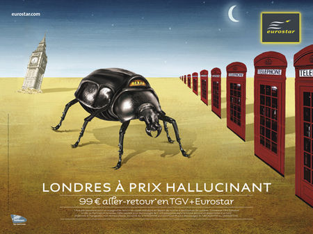 Publicité Eurostar - Londres à prix hallucinant - 99€ aller-retour en TGV + Eurostar - Référence Dali — Agence Leg - 2008 - Hanneton devant des cabines téléphoniques et Big Ben ensablée