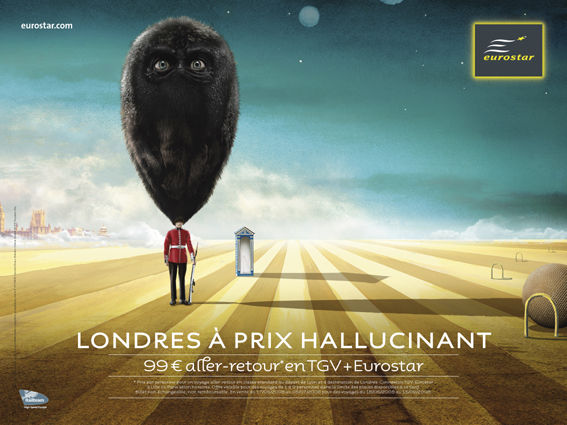 Publicité Eurostar - Londres à prix hallucinant - 99€ aller-retour en TGV + Eurostar - Référence Dali — Agence Leg - 2008 - Casque de Welsh guard avec des yeux