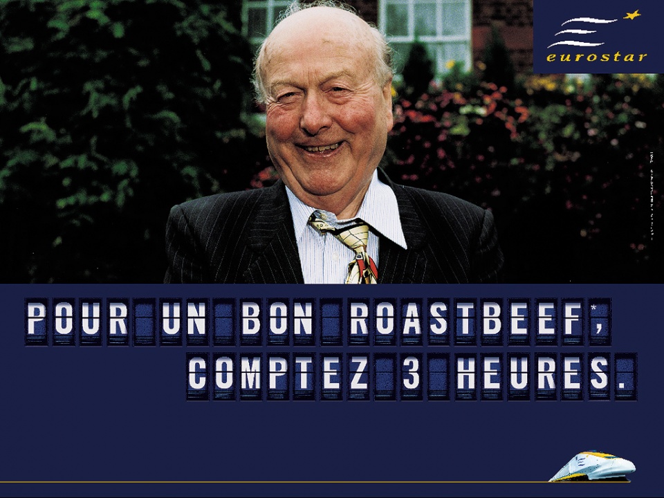 Publicité Eurostar - Agence Young&Rubicam - 2000 - Pour un bon roastbeef ; comptez 3 heures - Vieil anglais souriant