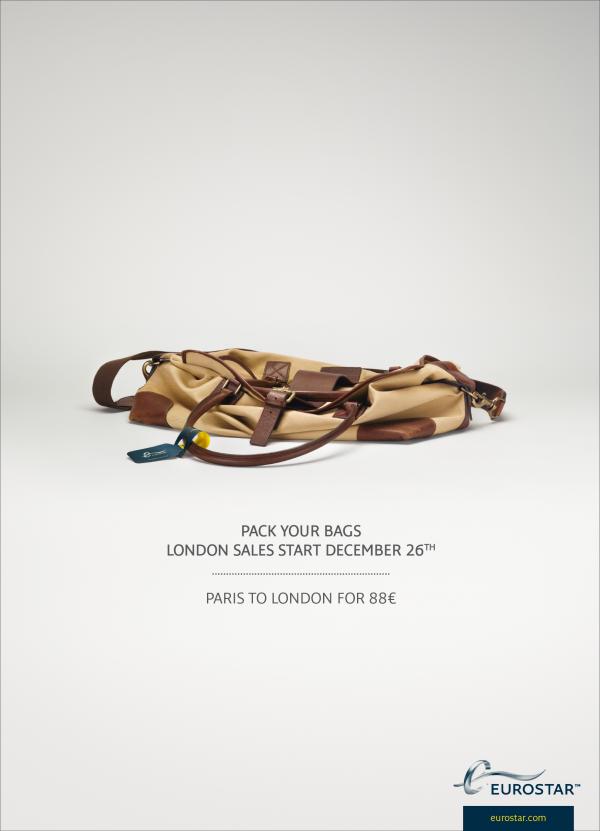 Publicité Eurostar - Faites vos bagages pour Londres - Les soldes commencent le 26 décembre - Agence TBWA Paris - 2012 - Sac en toile vide 