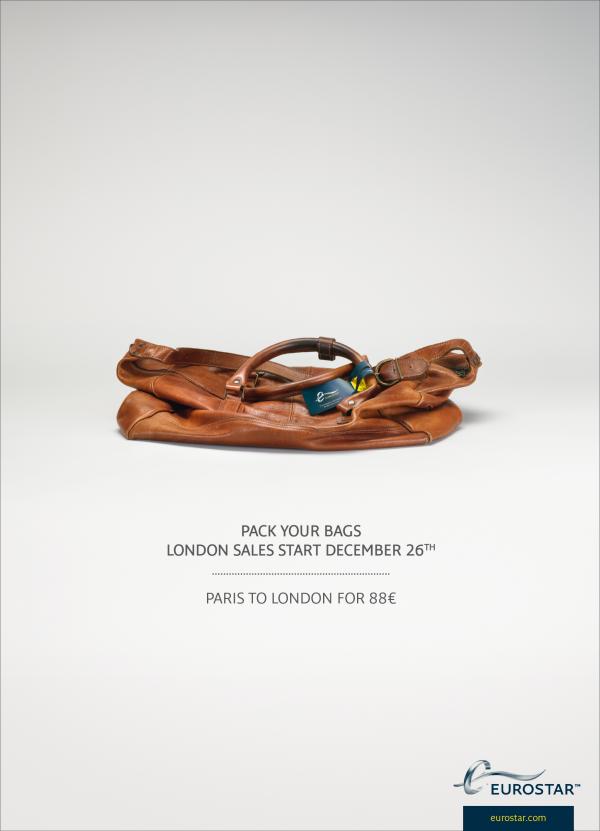 Publicité Eurostar - Faites vos bagages pour Londres - Les soldes commencent le 26 décembre - Agence TBWA Paris - 2012 - Sac cuir vide 