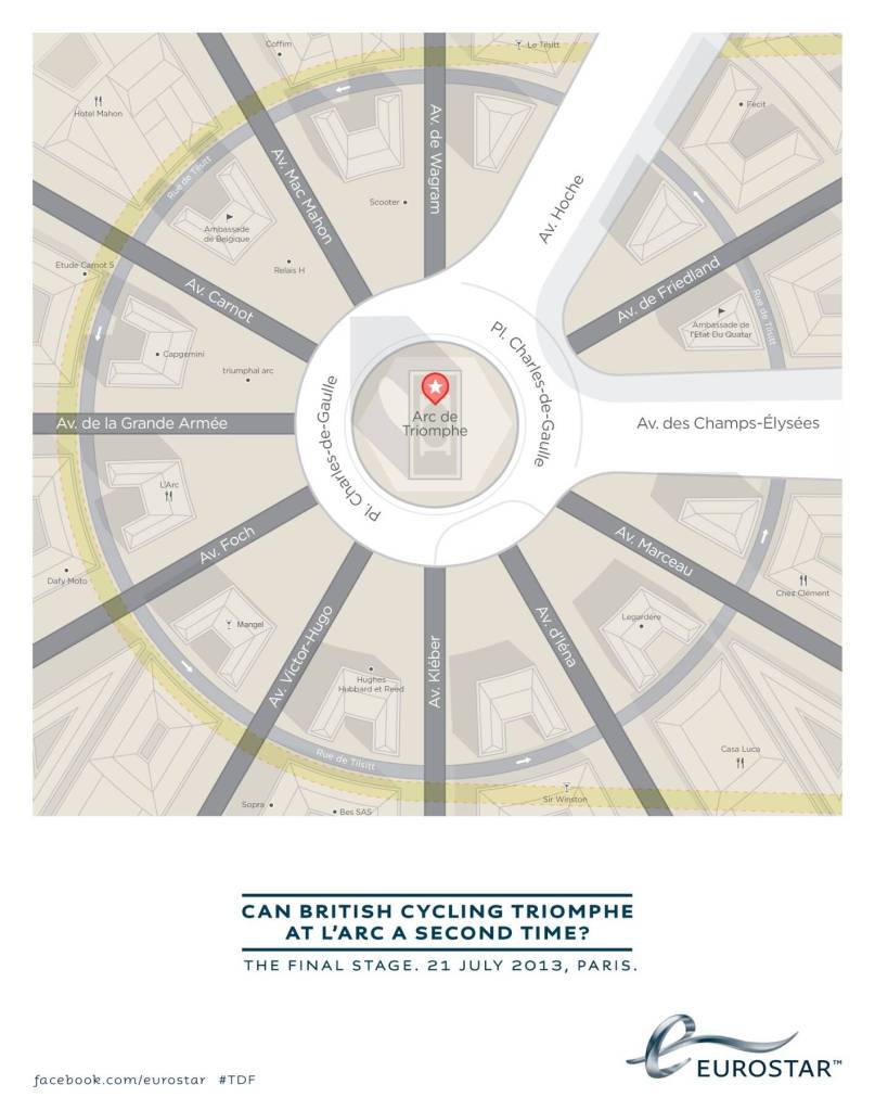 Publicité Eurostar - Tour de France - Plan de l'Arc de triomphe en forme de roue de vélo - Can british cycling triomphe at l'Arc a second time - Agence CLM/BBDO - 2013