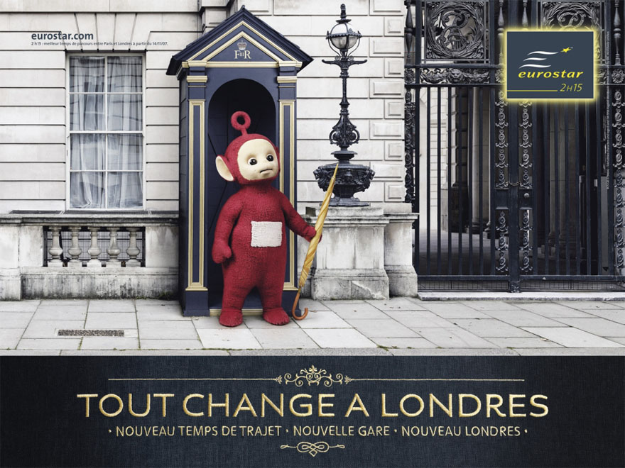 Publicité Eurostar - Tout change à Londres — Nouveau temps de trajet, nouvelle gare, nouveau Londres - 2007 - Télétubbie remplace un garde
