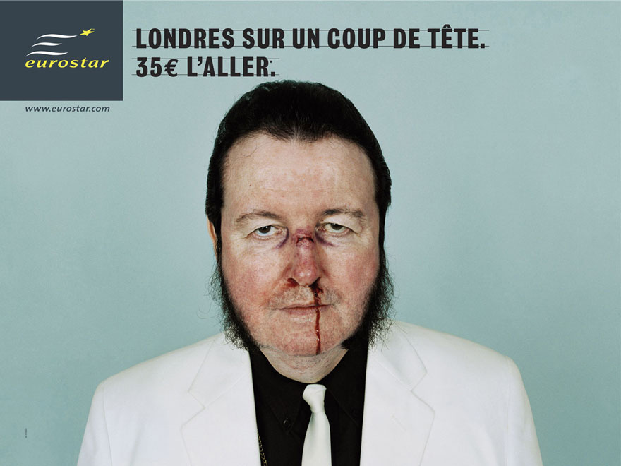 Publicité Eurostar - Londres sur un coup de tête — 35 € l'aller - Agence Leg - 2004 - Homme costume blanc avec le nez qui saigne
