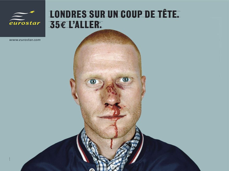 Publicité Eurostar - Londres sur un coup de tête — 35 € l'aller - Agence Leg - 2004 - Jeune homme tête rasée avec le nez qui saigne