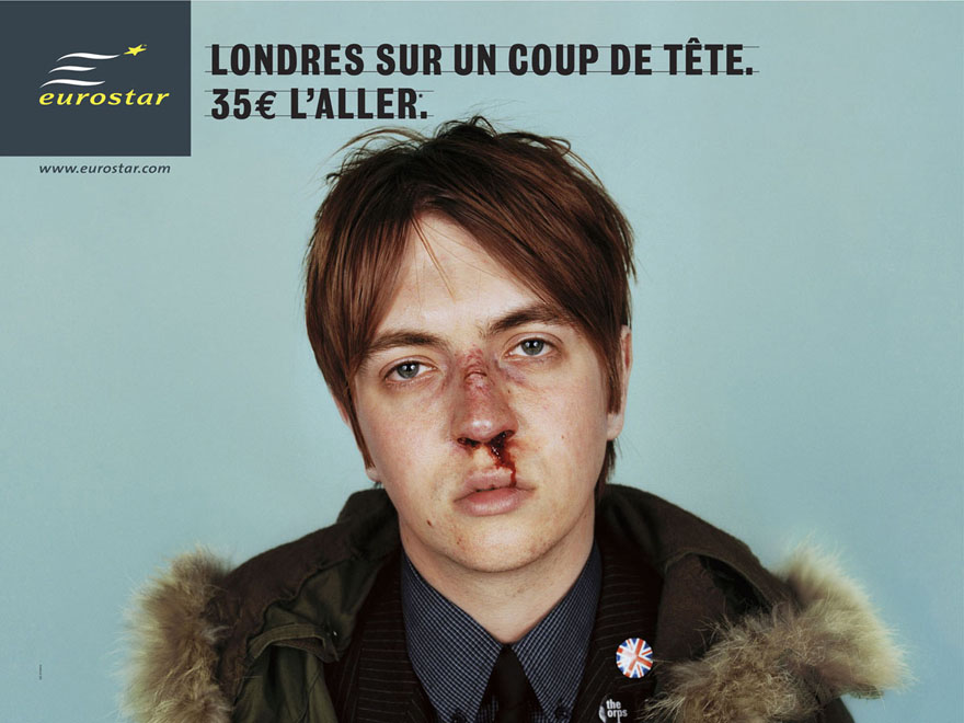 Publicité Eurostar - Londres sur un coup de tête — 35 € l'aller - Agence Leg - 2004 - Jeune manteau col fourrure avec le nez qui saigne