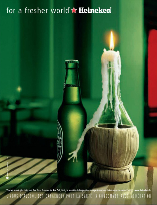 Publicité Heineken - For a fresher world - bars - Agence Publicis - 2004 - Bouteille - Bougie - Main en cire