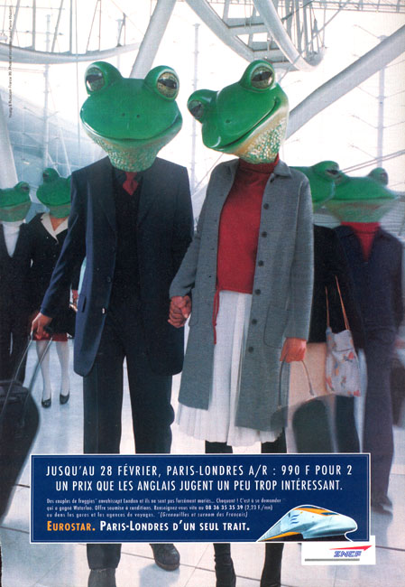 Publicité Eurostar - Agence Young&Rubicam - 1997-98 - Jusqu'au 28 février, Paris-Londres A/R : 990F pour 2, un prix que les anglais jugent un peu trop intéressant— Grenouilles - anthropomorphisme