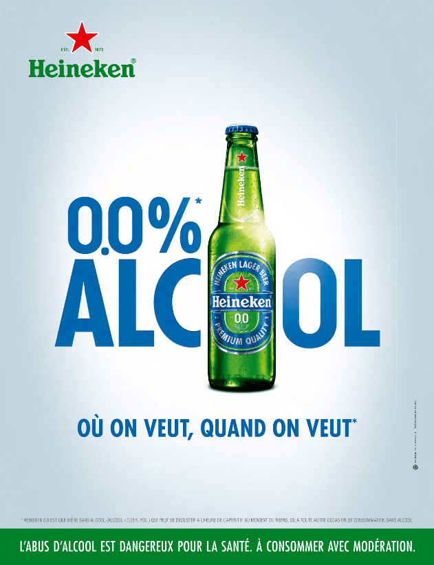 Publicité Heineken - 0,0% d'alcool - Où on veut quand on veut - Bouteille - fond blanc - Agence Rosbeef - 2017