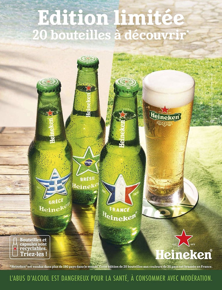 Publicité Heineken - Collection countries édition - Edition Limitée - 20 bouteilles à découvrir  - 3 bouteilles - Grèce - Brésil - France - Agence Publicis - 2021