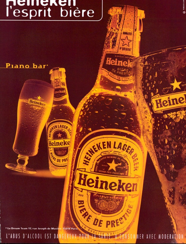 Publicité Heineken - L'esprit bière - Effet solarisation - Agence Publicis Conseil - 1996 - Piano bar - Verre et bouteille dansant