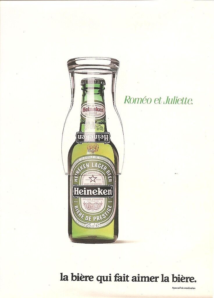 Publicité Heineken - Au nom de la bière - bars - Agence Publicis - 1993 - Verre sur bouteille - Roméo et Juliette