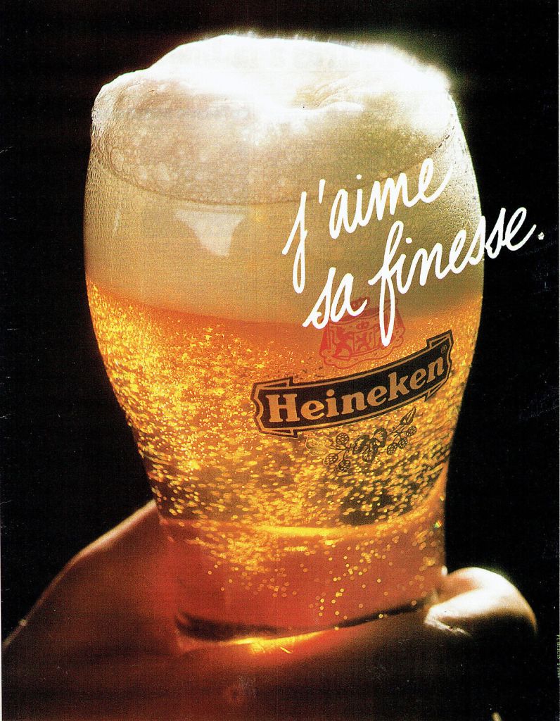 Publicité Heineken - J'aime sa finesse - Verre de bière - Mousse généreuse - Main - Publicis - 1979