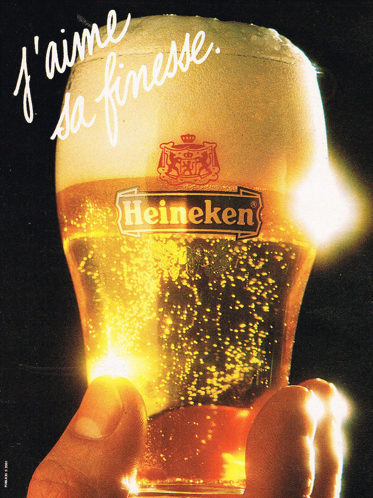 Publicité Heineken - J'aime sa finesse - Verre de bière - Mousse généreuse - Main - Publicis - 1979