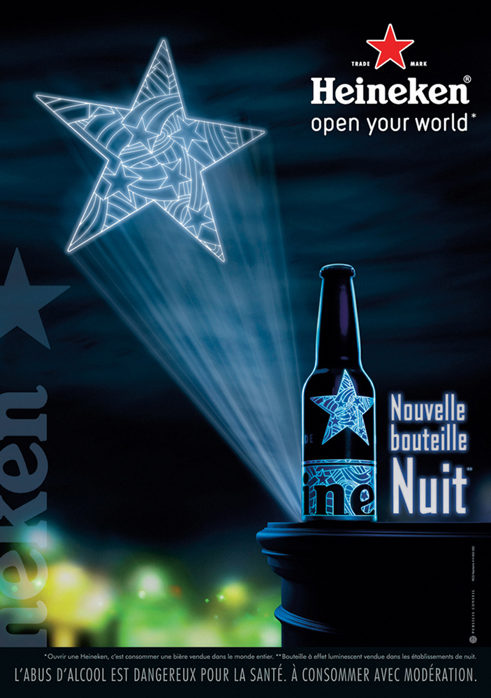 Publicité Heineken - Éditions limitées Open your world - Agence Publicis - Nouvelle bouteille nuit