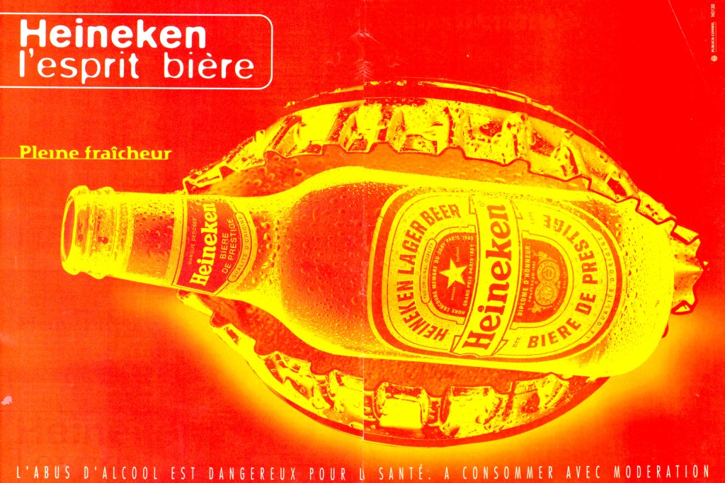 Publicité Heineken - L'esprit bière - Effet solarisation - Agence Publicis Conseil - 1996 - Pleine fraîcheur - Capsule bouche avec bouteille 