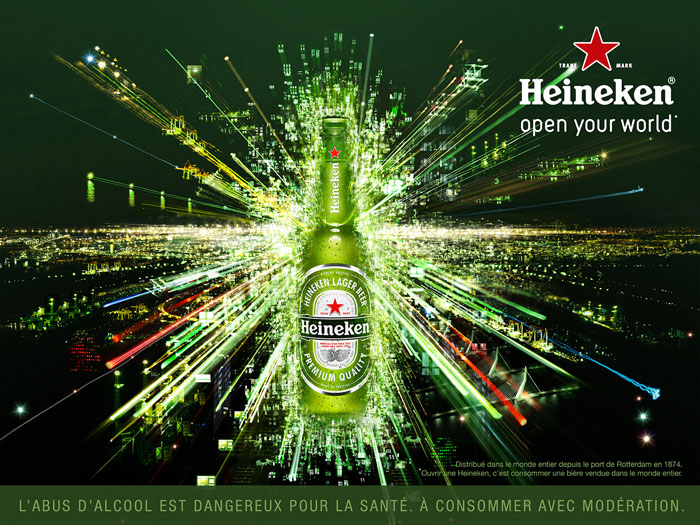 Publicité Heineken - Open your World - Pixellisation - Bouteille - Horizon - Ville - Agence Publicis - 2015