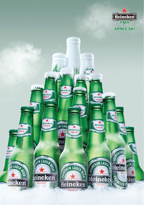 Publicité Heineken - Après-ski - Agence Leo Burnett Sydney - 2007 - Bouteilles en forme de montagne
