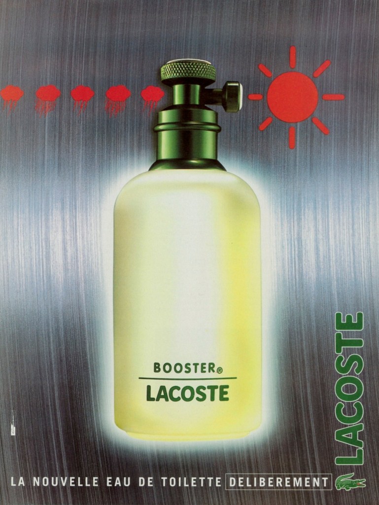 Publicité Lacoste - Parfum - Booster - La nouvelle eau de toilette délibérément Lacoste - Pluie - Soleil - Agence Colorado - 1996