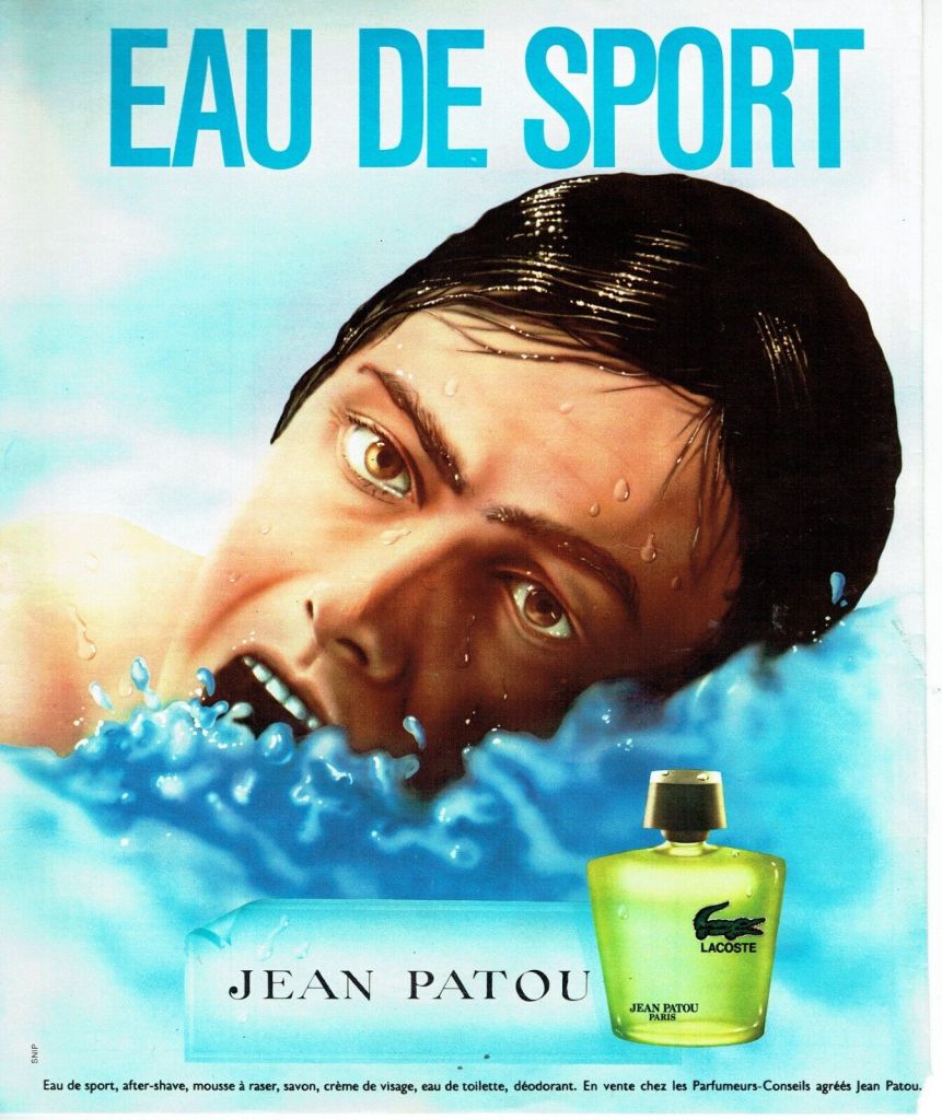 Publicité Lacoste - Parfum - Jean Patou - Eau de sport - Nageur - 1973