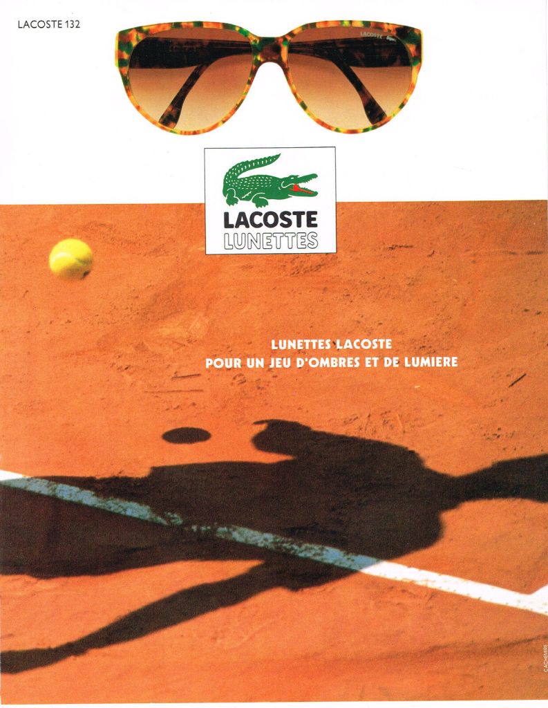 Publicité Lacoste - Lunettes solaires - Tennis - Terre battue - Modèle 132 - Pour un jeu d'ombres et de lumière - 1992