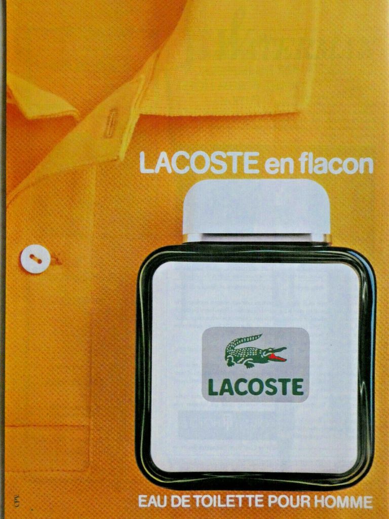 Publicité Lacoste - Parfum - Lacoste en flacon - Eau de toilette Lacoste - Homme - Polo jaune - 1986