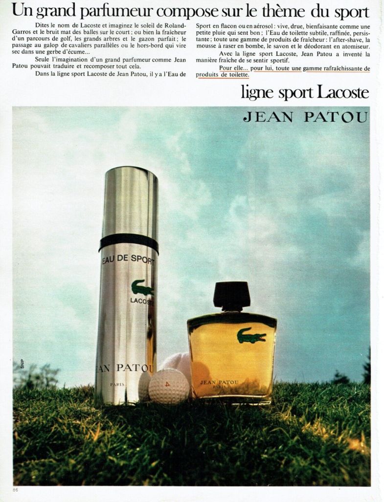 Publicité Lacoste - Parfum - Jean Patou - Ligne sport Lacoste - Un grand parfumeur compose sur le thème du sport - Golf pelouse - 1969