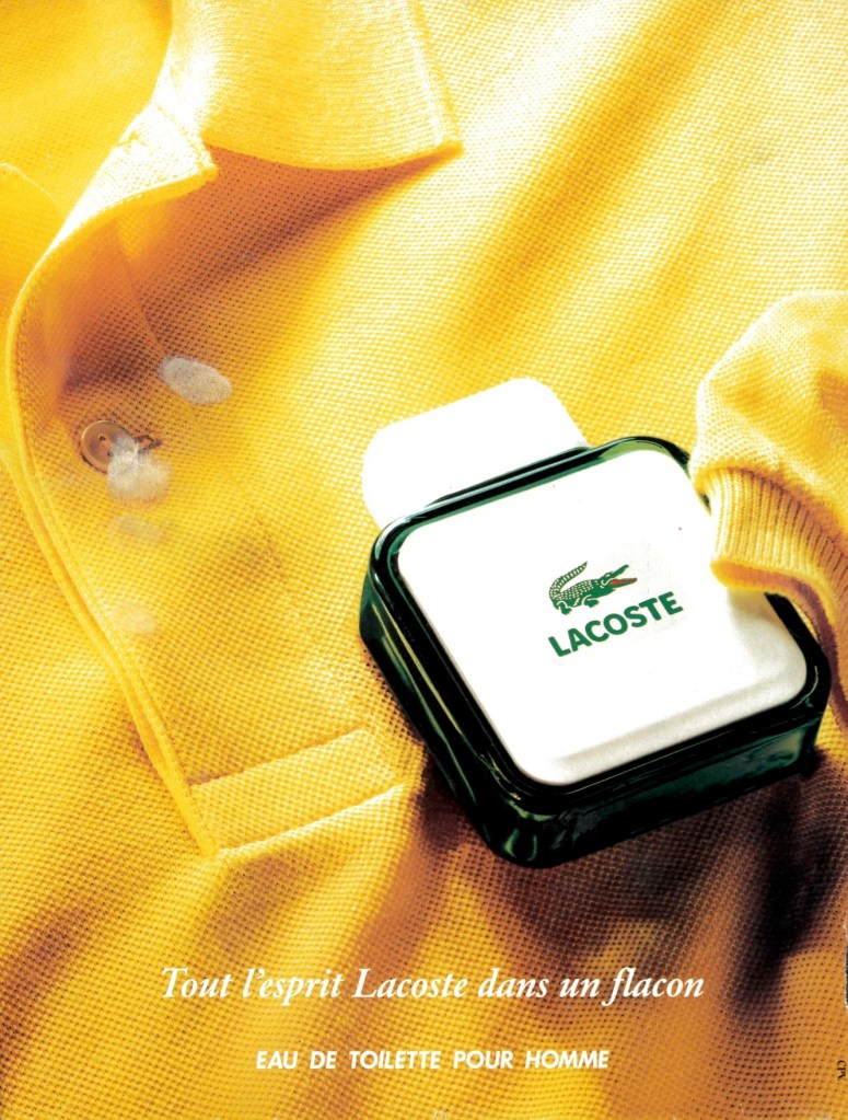 Publicité Lacoste - Parfum - Tout l'esprit de Lacoste dans un flacon - Eau de toilette pour homme - Polo jaune - 1988