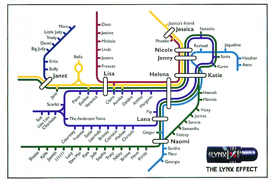 Publicité Axe - The Lynx Effet - plan de métro - stations avec des prnoms féminins -  Lowe Lintas - Australie - 2000