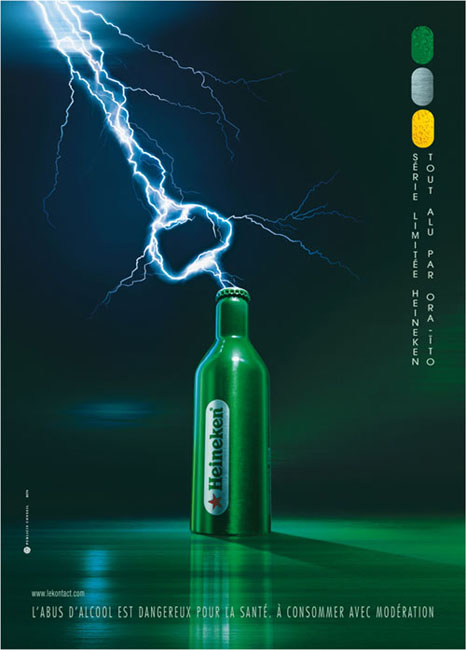 Publicité Heineken - Éditions limitées - Agence Publicis - Série limitée Heineken - Tout en alu par Ora-Ito - Éclair décapsuleur - 2001