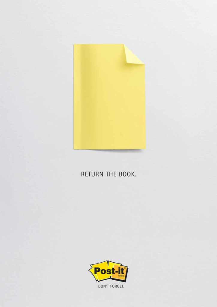 Publicité Post-it - Don't forget - Return the book - Page écornée