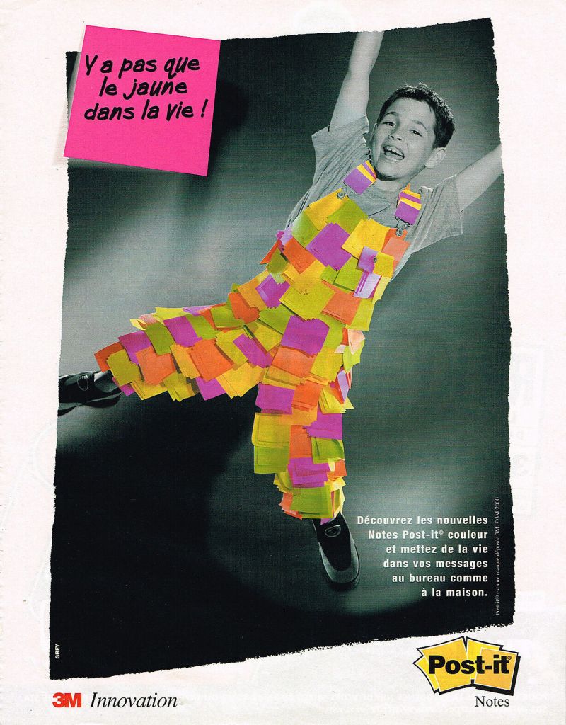 Publicité Post-it - Post-it de couleurs - Y'a pas que le jaune dans la vie - Enfant recouvert de Post-it - 2000 