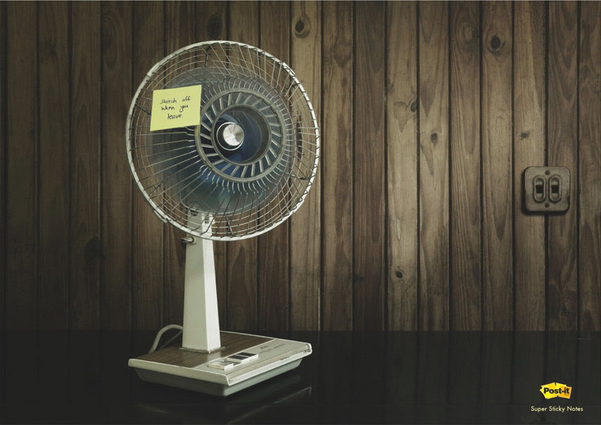 Publicité Post-it - Super sticky notes - Notes trés résistantes - Ventilateur - Switch off when you leave - Agence Grey - Afrique du sud - 2007