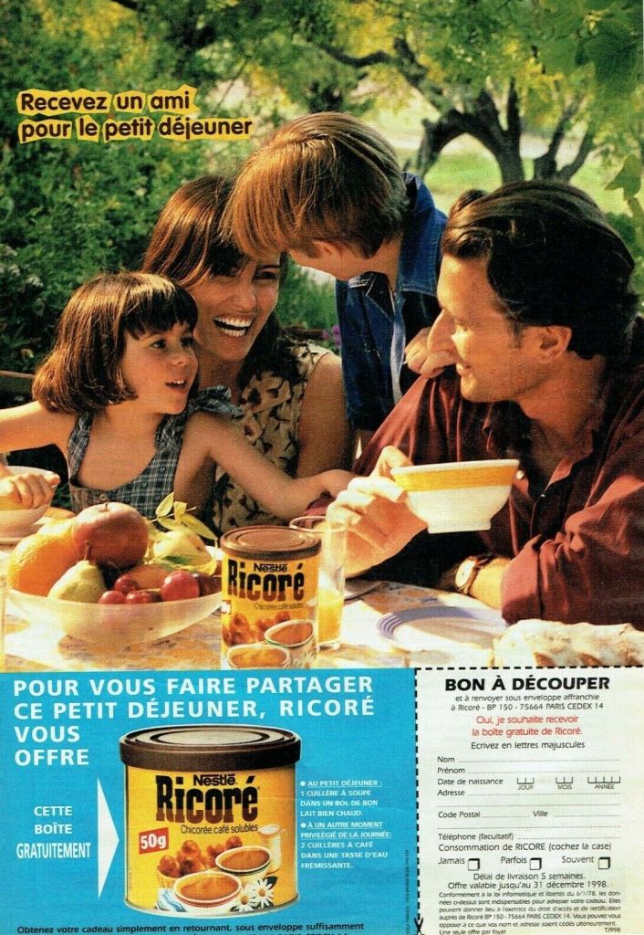 Publicité Ricoré - Couponning - Boîte offerte - Recevez un ami pour le petit déjeuner - Famille - Petit déjeuner dehors - 1998