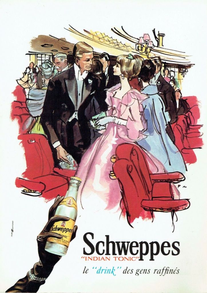 Publicité Schweppes - Indian Tonic - Le drink des gens raffinés - Théâtre - Homme et femme - Illustration - 1967