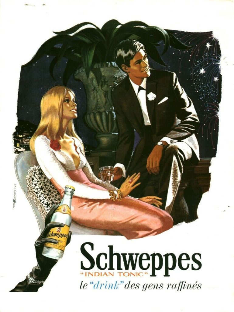 Publicité Schweppes - Indian Tonic - Le drink des gens raffinés - Balcon au clair de lune - Homme et femme - Illustration - 1967