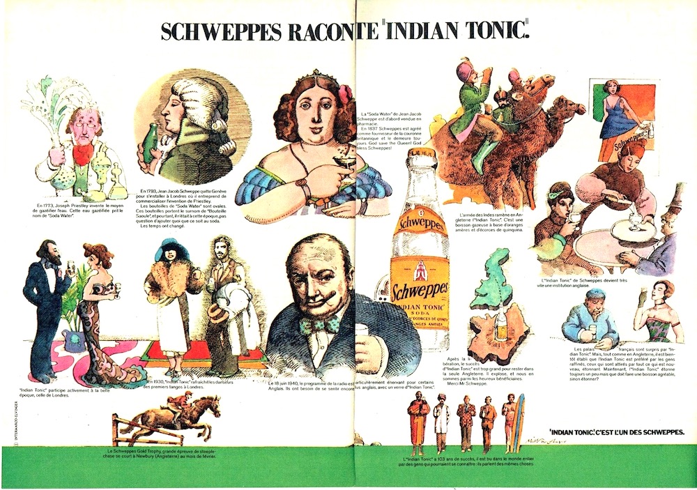 Publicité Schweppes - Schweppes raconte Indian Tonic - Double page - Illustrations - 1974