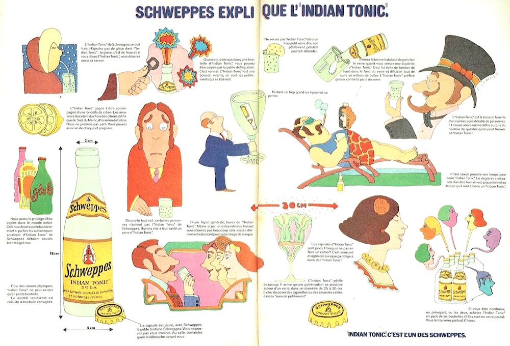Publicité Schweppes - Schweppes explique l'Indian Tonic - Double page - Illustrations - 1974
