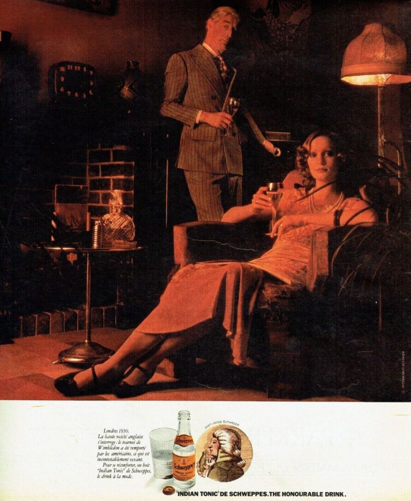 Publicité Schweppes - Do you speak Schweppes - jeunes homme et femme - Boutique vêtements - Carnaby Street, samedi après-midi à la boutique Kleptomania - 1970