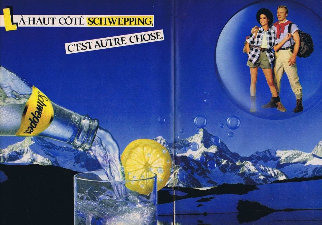 Publicité Schweppes - Là-haut côté Schwepping, c'est autre chose - Couple - bulle - Montagne - Agence NCK / FCB - 1984